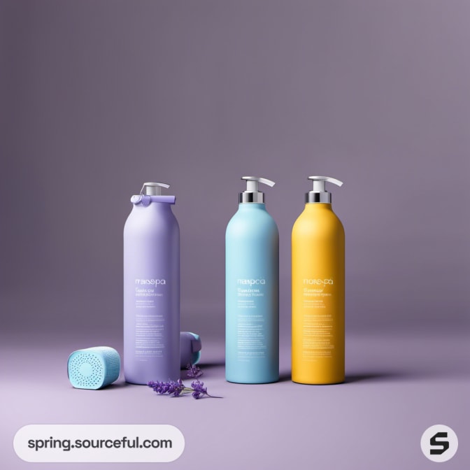 Three colorful pump bottles with a small blue container.