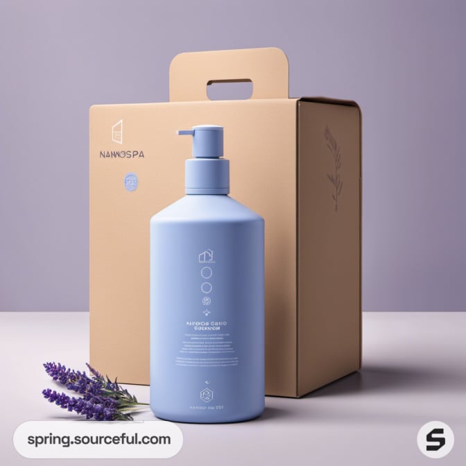 Large pump bottle with a tan box and lavender flowers.