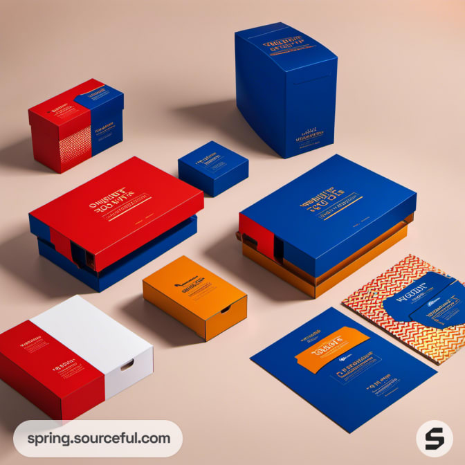 Various red and blue boxes with minimalist design on a beige background.