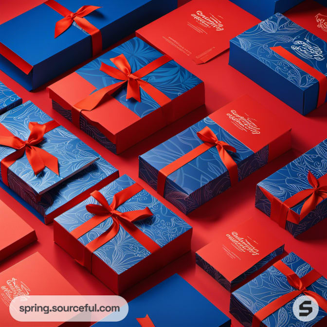 Red boxes with blue floral patterns and red ribbons on a red background.