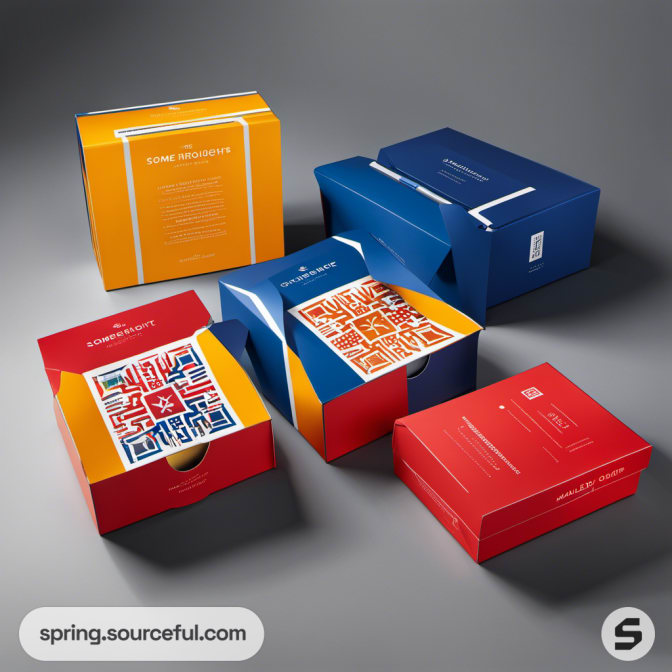 Opened and closed boxes with bright geometric patterns on a gray background.