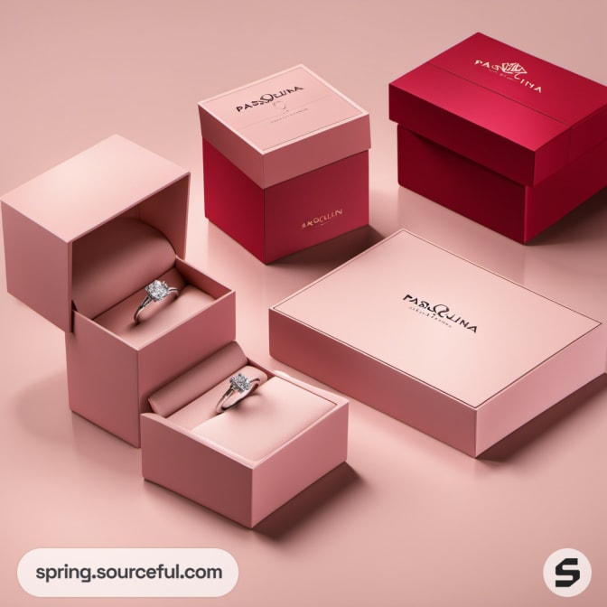 Elegant pink and red jewelry boxes with rings displayed inside on a soft pink background.