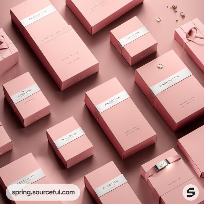 Assortment of pink and white luxury gift boxes arranged stylishly on a pink surface.