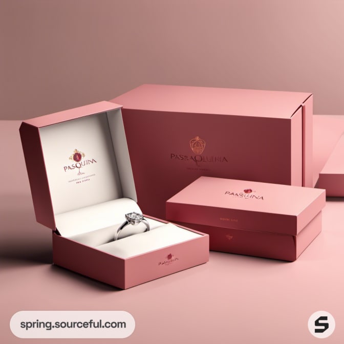 Open pink jewelry box revealing a ring, alongside matching packaging.