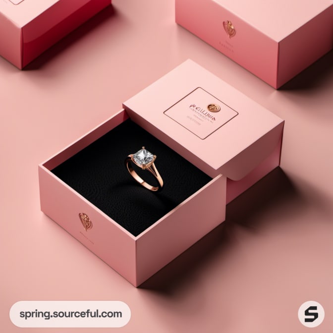 Rose gold ring in an open pink box with a black velvet interior.