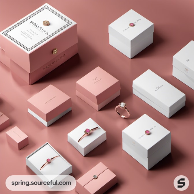 Variety of pink and white jewelry boxes, with open box showing a ring.