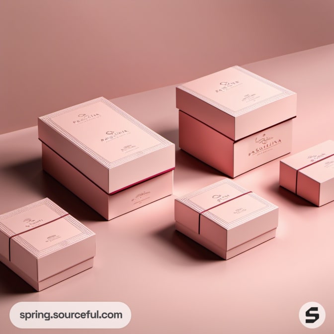 Stacked pink and white luxury boxes with elegant branding on a soft pink backdrop.