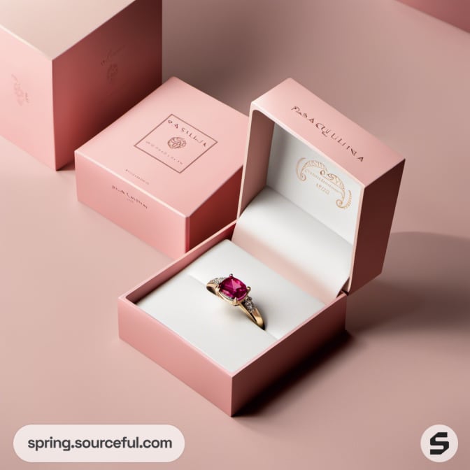 Pink jewelry box open displaying a ring with a pink gemstone.