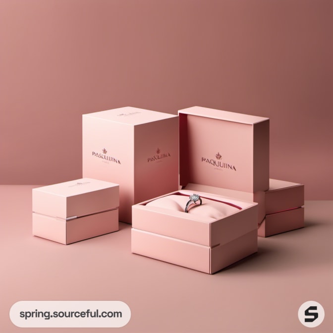 Collection of pink boxes with open box showcasing a ring on a soft backdrop.