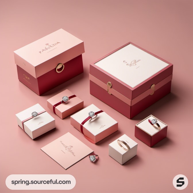 Diverse set of pink and red boxes with jewelry on display, elegantly arranged.