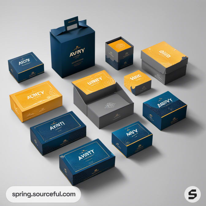 Assorted blue and yellow product boxes with sleek design on gray background.