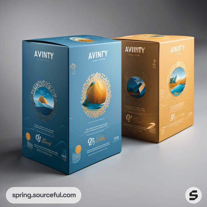 Two tall product boxes in blue and gold with decorative images and text.