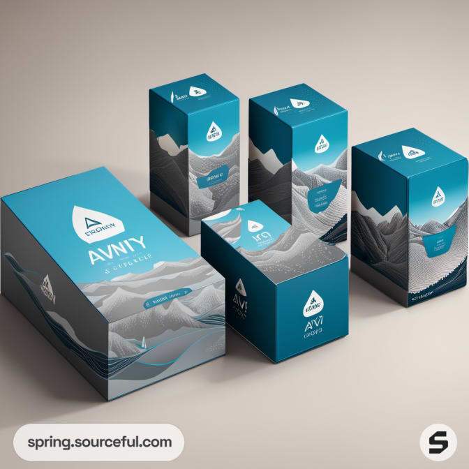 Set of blue and gray product boxes with mountain design and logo.