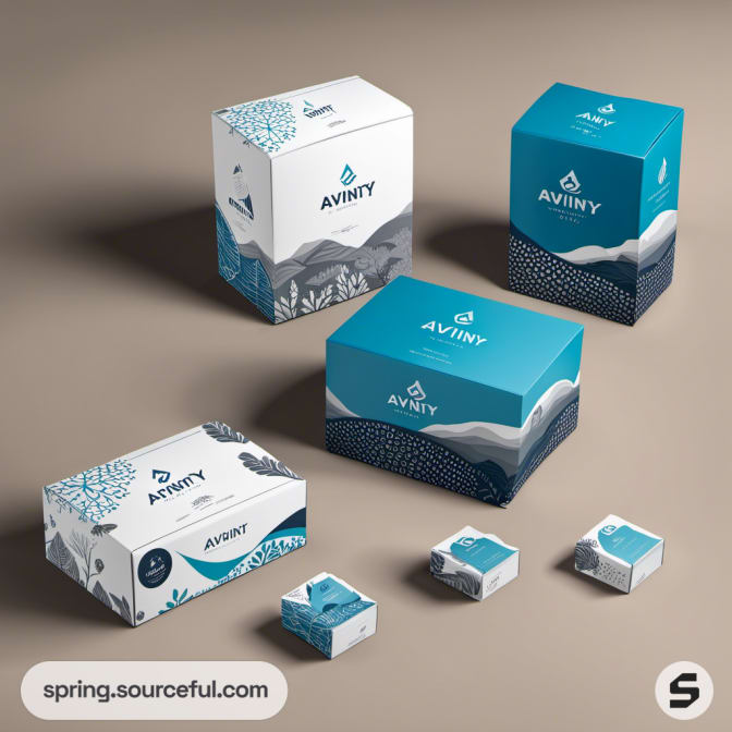 Collection of teal and white boxes with floral and wave patterns.