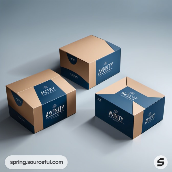 Three tan and blue boxes with elegant text on a light background.