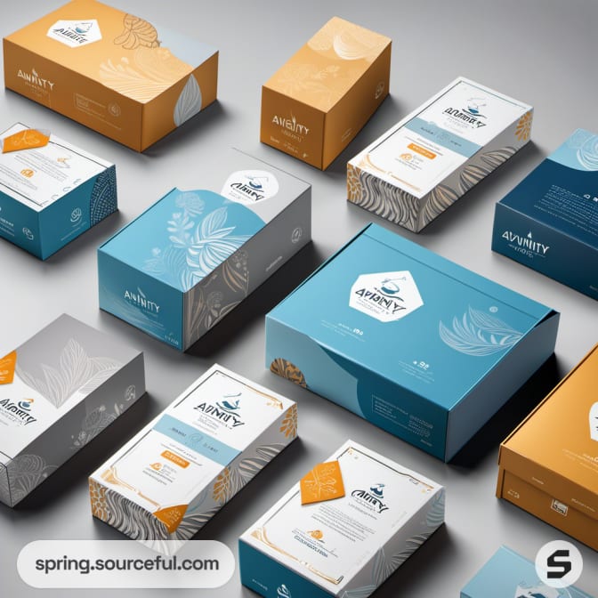 Various boxes in blue, teal, gold with subtle leaf graphics.