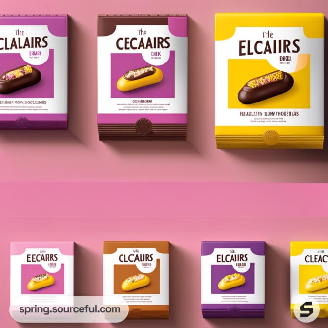 Assorted eclair candy boxes in various colors and flavors on a pink background.