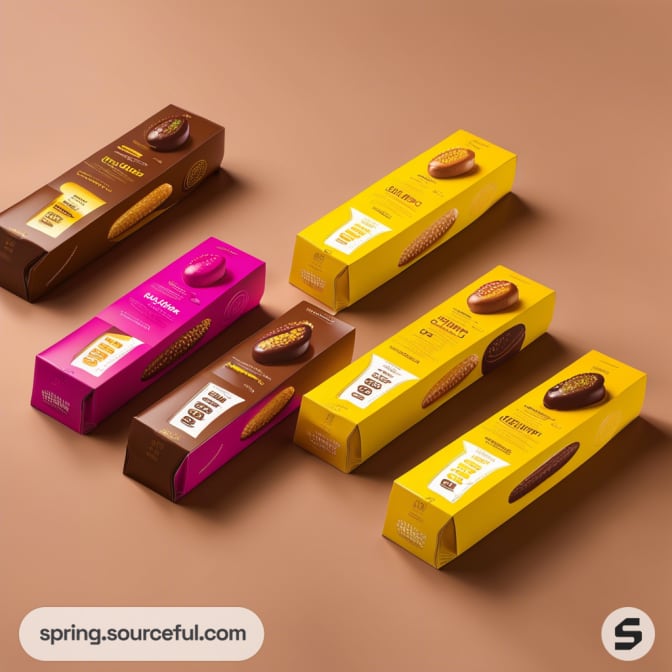 Boxes of chocolate-covered wafers in brown, pink, and yellow packaging on a brown surface.