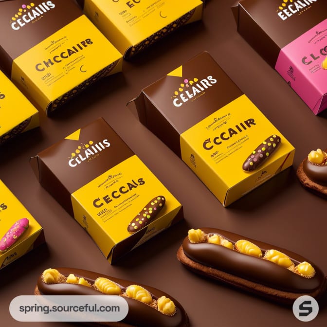 Yellow and brown éclair packaging and chocolate éclairs on brown surface.
