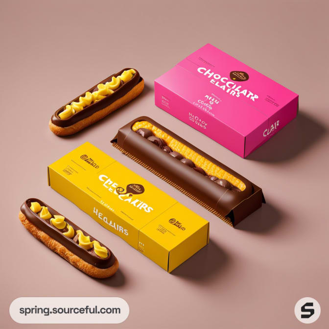Assorted eclairs in pink and yellow packaging with chocolate and cream decorations.