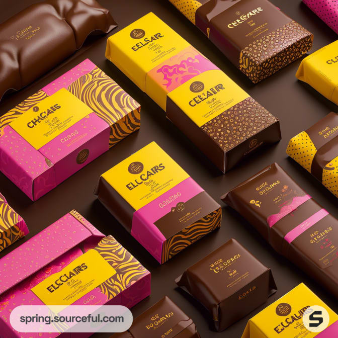 Assorted chocolate bar packaging in brown, pink, and yellow with various patterns on a dark background.