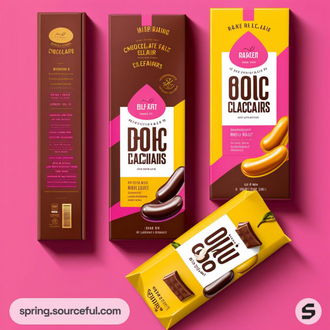 Chocolate packaging on pink background with bars featuring eclairs and chocolate pieces, labeled '80ic Eclairs'.