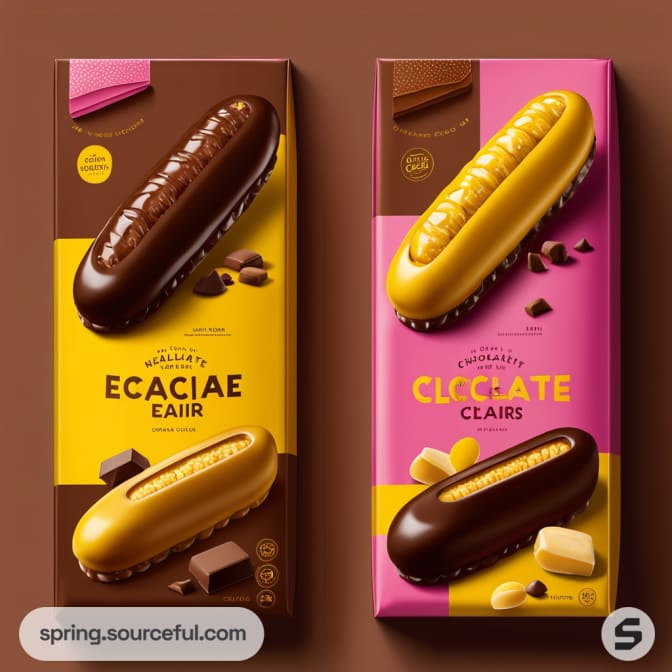 Two chocolate eclair packages with colorful designs, one in yellow-brown and the other in pink-brown, on a brown background.
