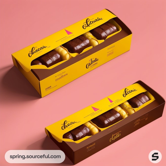 Two chocolate packages on pink background, yellow and brown design, each box contains three chocolates.