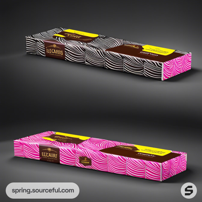 Two elongated boxes with black and pink zebra stripes and chocolate branding.