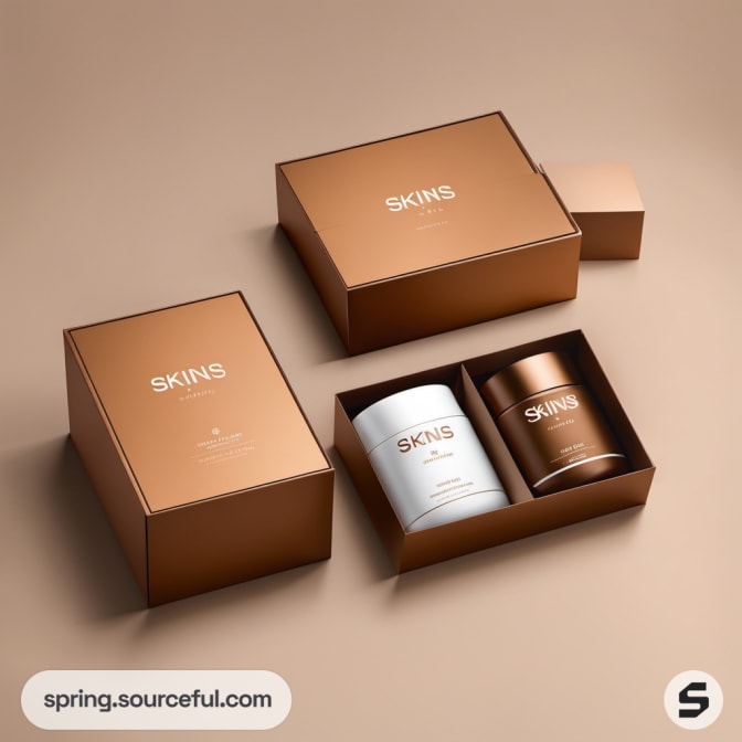 Brown and white skincare set with containers in a box on a beige background.