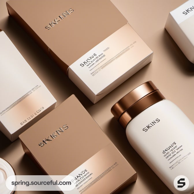 Tan and white skincare packaging with bottles and boxes arranged neatly.