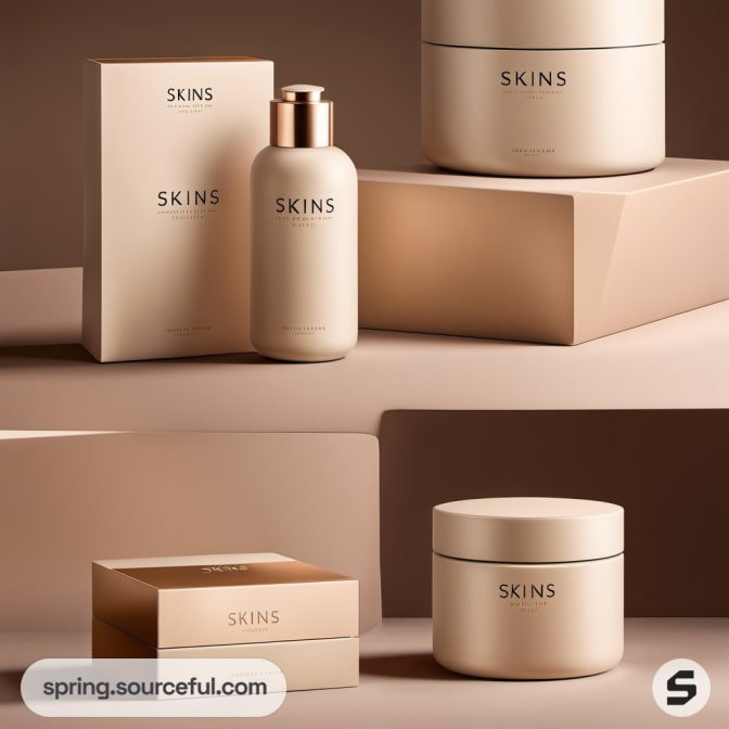 Beige skincare bottles and boxes on a brown background.
