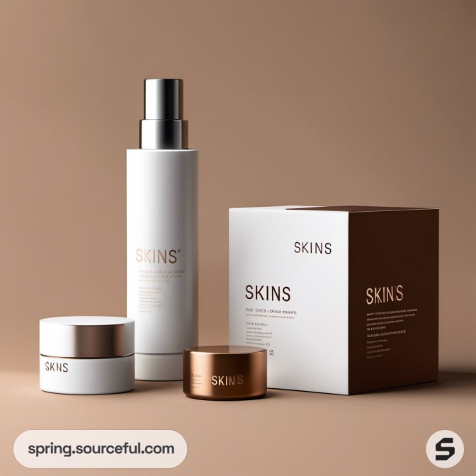 White bottles and jars with brown skincare packaging on a beige surface.