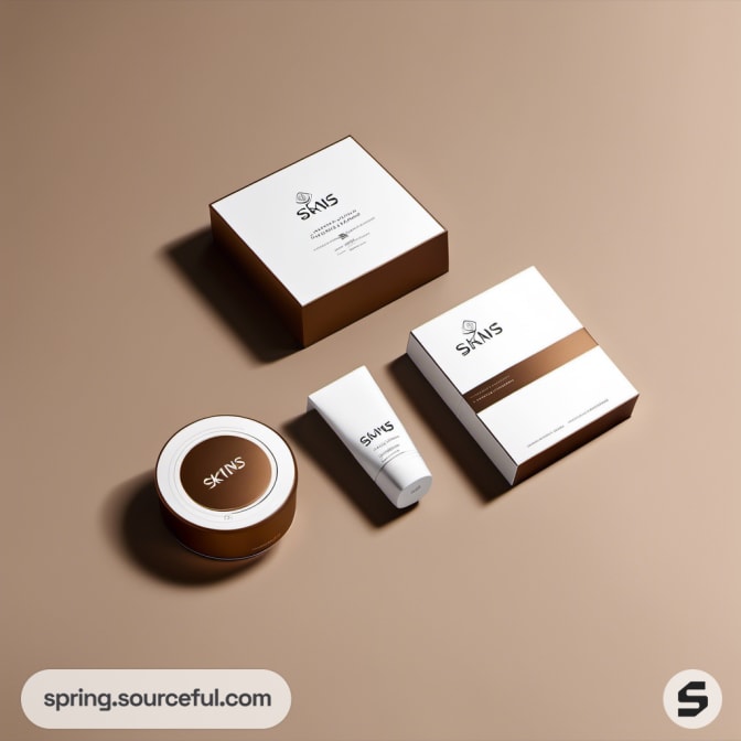 Skincare set with tube, jar, and boxes in brown and white.