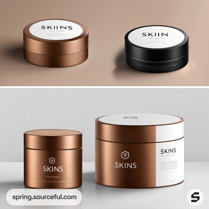 Two round skincare containers, one brown, one black, on a light background.