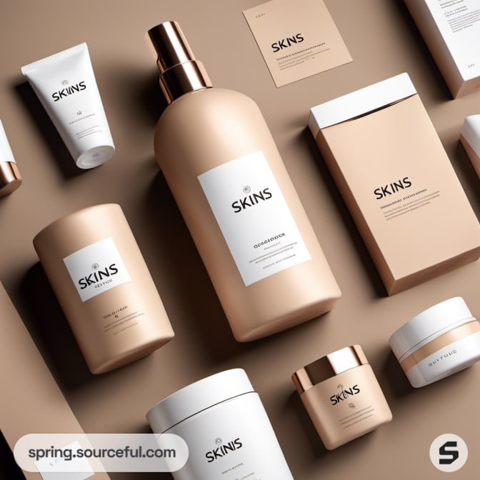 Assorted skincare products in beige packaging on a brown surface.