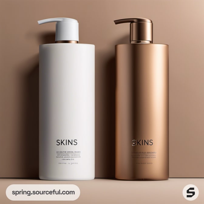 White and bronze pump bottles with 'Skins' branding on a brown backdrop.