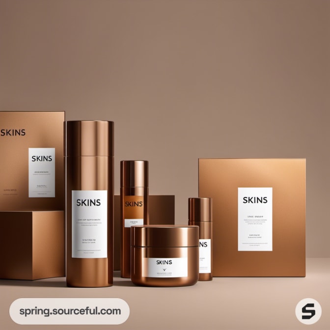 Assortment of bronze skincare products with minimalist design on a beige background.