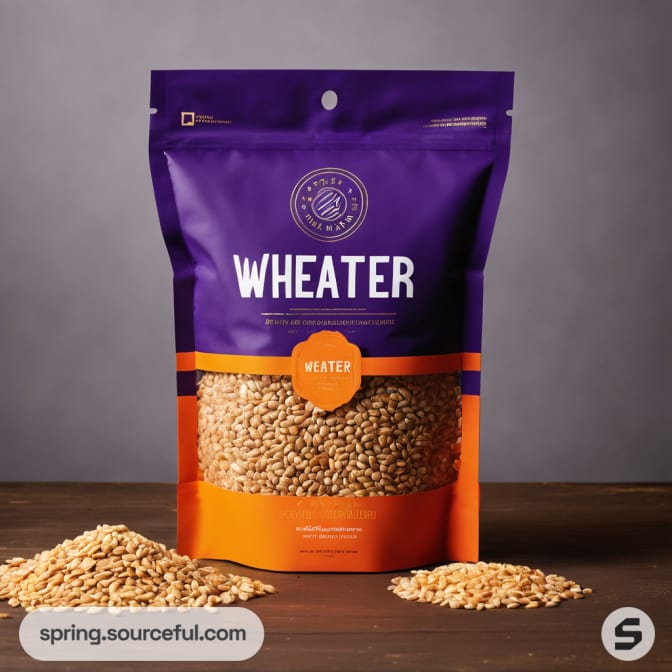Purple and orange resealable pouch with cereal inside.