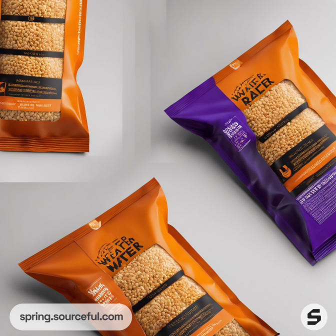 Orange and purple cereal packs on a light background.
