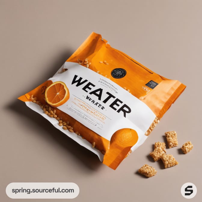 Orange and white cereal pack with spilled cereal.