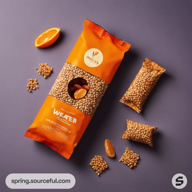 Orange-packaged cereal with halved orange and beans.