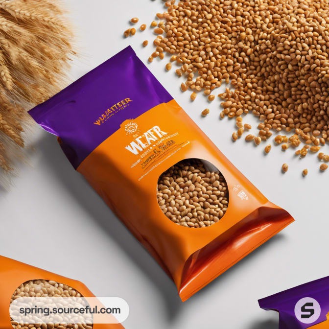 Purple and orange cereal bag with beans and grains.