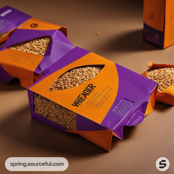 Purple and orange cereal box with cut-out for beans.
