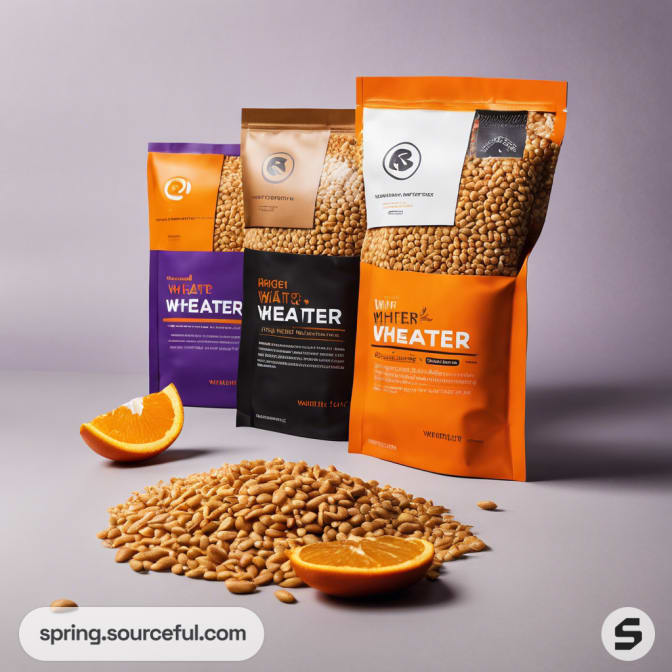 Assorted cereal pouches with oranges and beans.