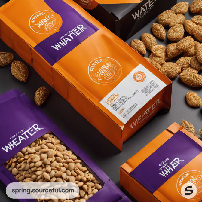 Purple and orange cereal boxes with scattered grains.