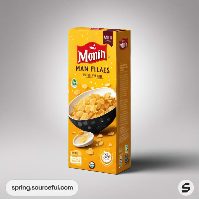 Yellow cereal box with bowl of flakes image
