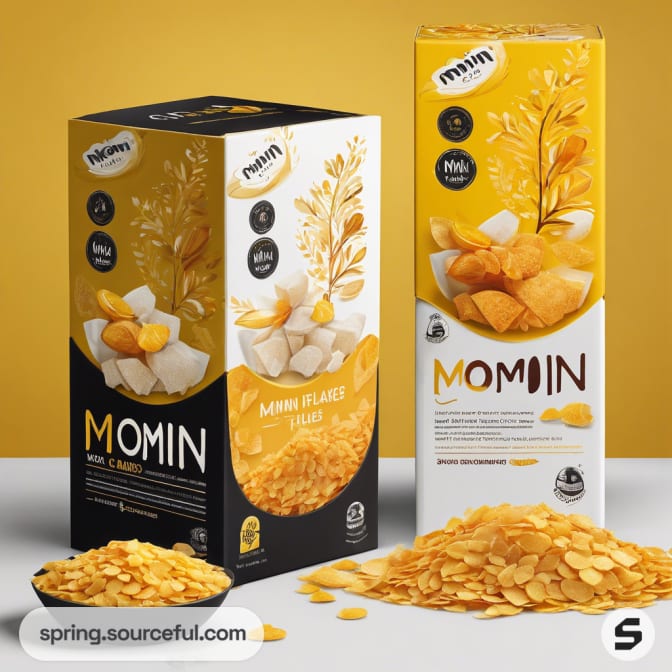Two cereal boxes with leaf designs, black and yellow