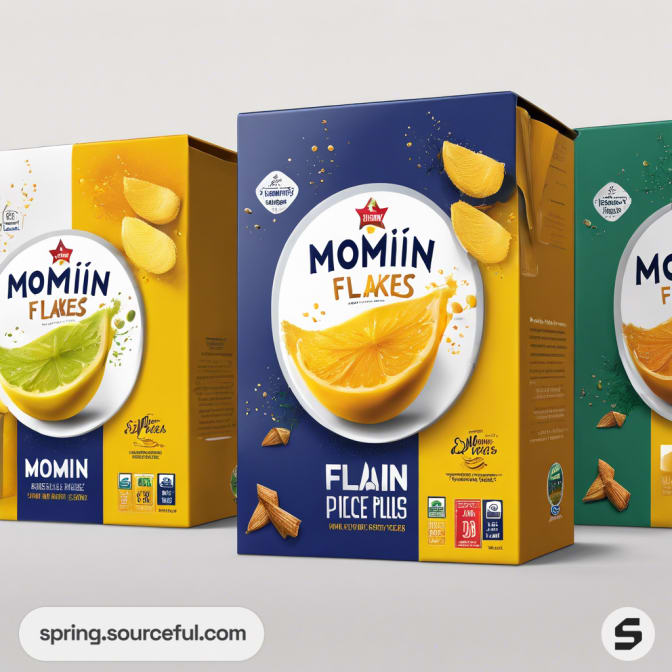 Set of three colorful cereal boxes with fruit images