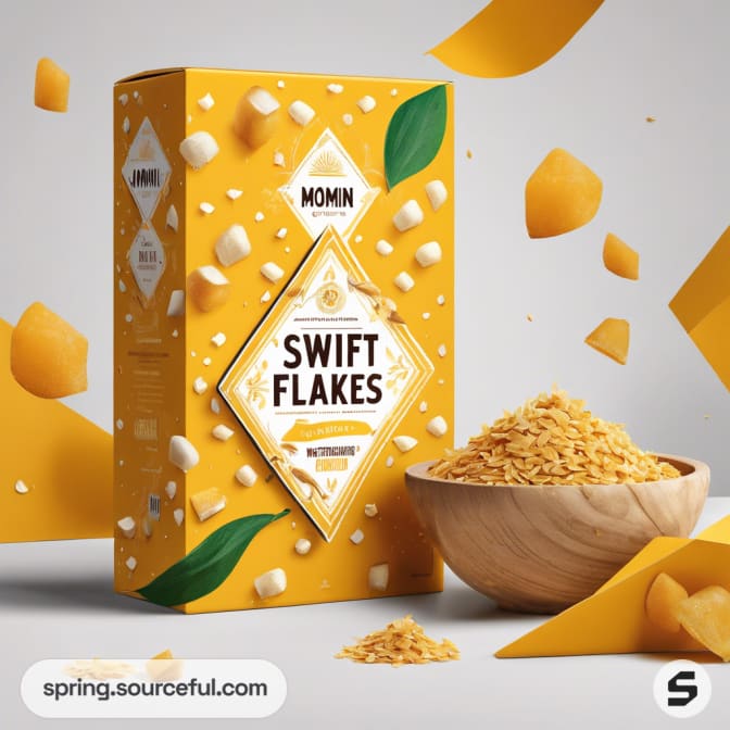 Yellow cereal box with flakes and plant images